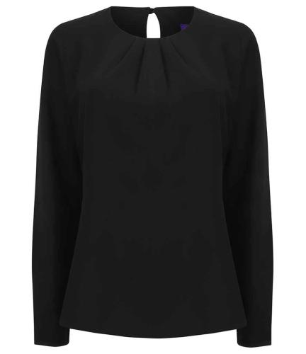 Henbury Ladies Pleat Front Long Sleeve Blouse - BLK - 4XL